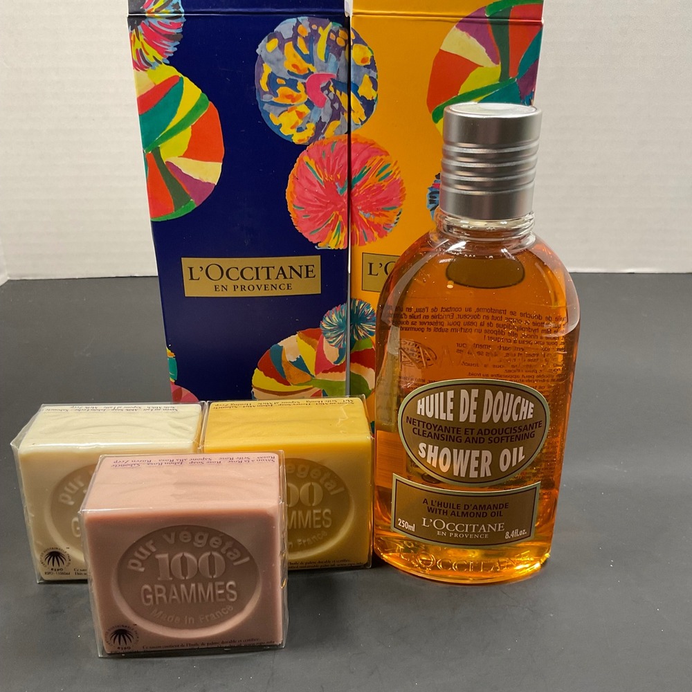 L Occitane En Provence Almond Shower Oil & 3 Soap Bar Set